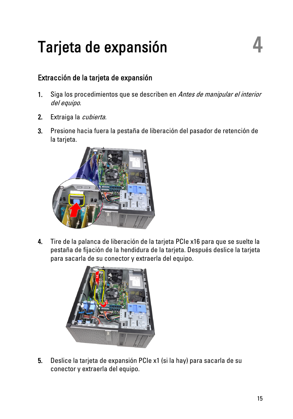 Tarjeta de expansión, Extracción de la tarjeta de expansión, Capítulo 4: tarjeta de expansión | Dell OptiPlex 390 (Mid 2011) User Manual | Page 15 / 98