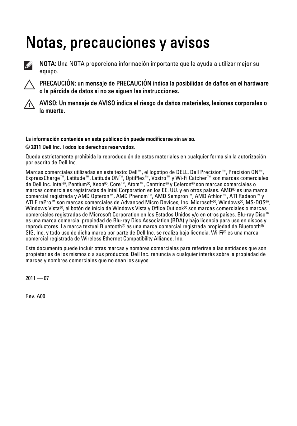 Notas, precauciones y avisos, Manipulación del equipo | Dell OptiPlex 390 (Mid 2011) User Manual | Page 2 / 98