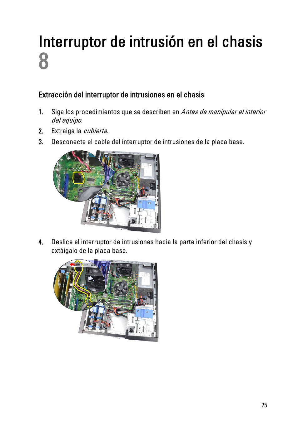Interruptor de intrusión en el chasis, Capítulo 8: interruptor de intrusión en el chasis | Dell OptiPlex 390 (Mid 2011) User Manual | Page 25 / 98