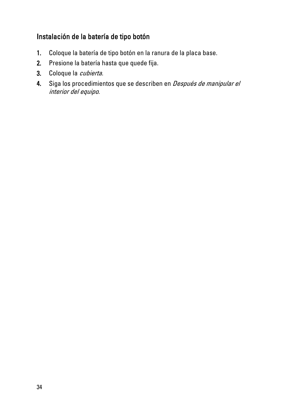 Instalación de la batería de tipo botón | Dell OptiPlex 390 (Mid 2011) User Manual | Page 34 / 98