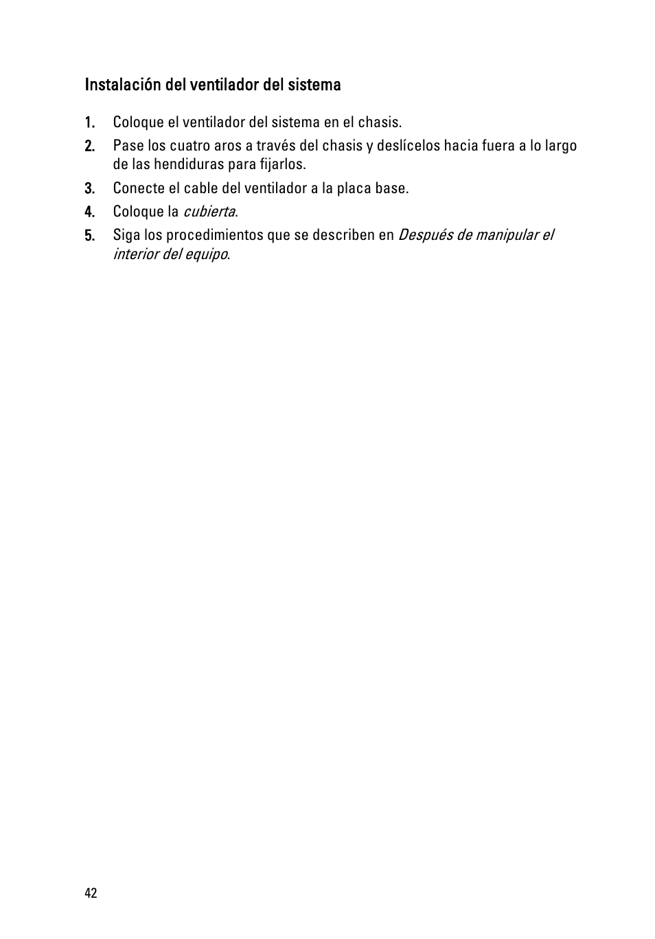 Instalación del ventilador del sistema | Dell OptiPlex 390 (Mid 2011) User Manual | Page 42 / 98