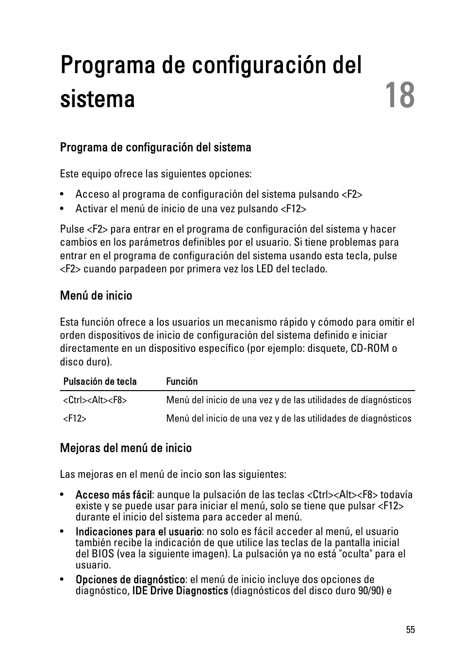 Programa de configuración del sistema, Menú de inicio, Mejoras del menú de inicio | Capítulo 18: programa de configuración del sistema | Dell OptiPlex 390 (Mid 2011) User Manual | Page 55 / 98