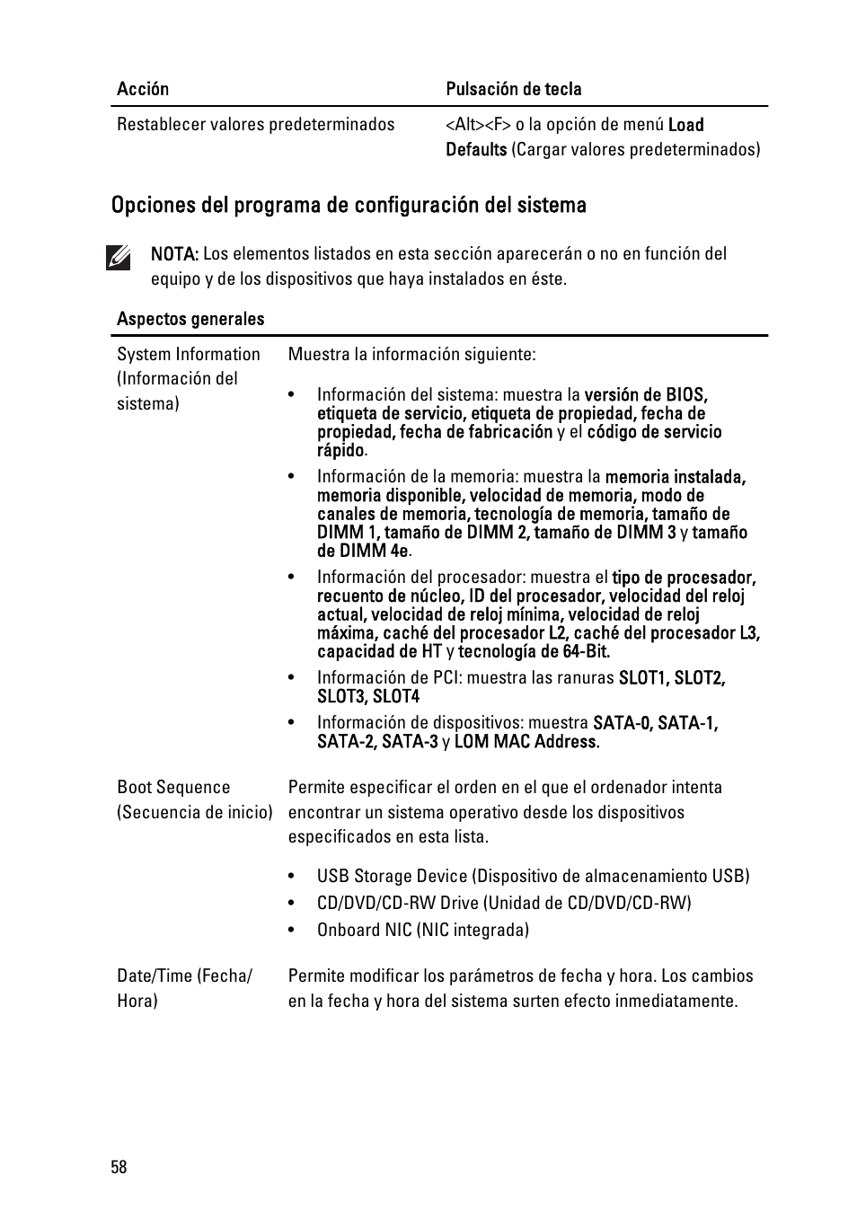 Opciones del programa de configuración del sistema | Dell OptiPlex 390 (Mid 2011) User Manual | Page 58 / 98