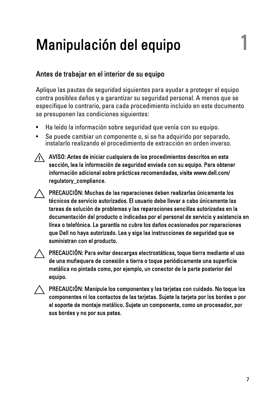 Manipulación del equipo, Antes de trabajar en el interior de su equipo, Capítulo 1: manipulación del equipo | Dell OptiPlex 390 (Mid 2011) User Manual | Page 7 / 98