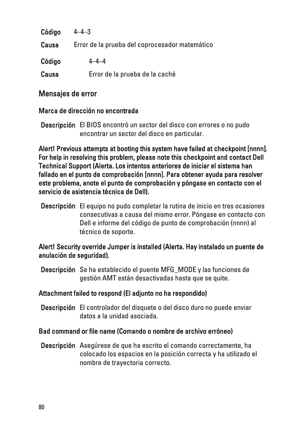 Mensajes de error | Dell OptiPlex 390 (Mid 2011) User Manual | Page 80 / 98