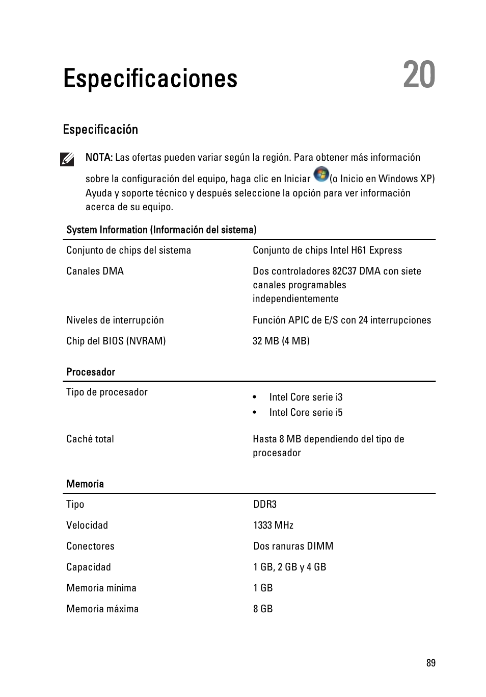 Especificaciones, Especificación, Capítulo 20: especificaciones | Dell OptiPlex 390 (Mid 2011) User Manual | Page 89 / 98