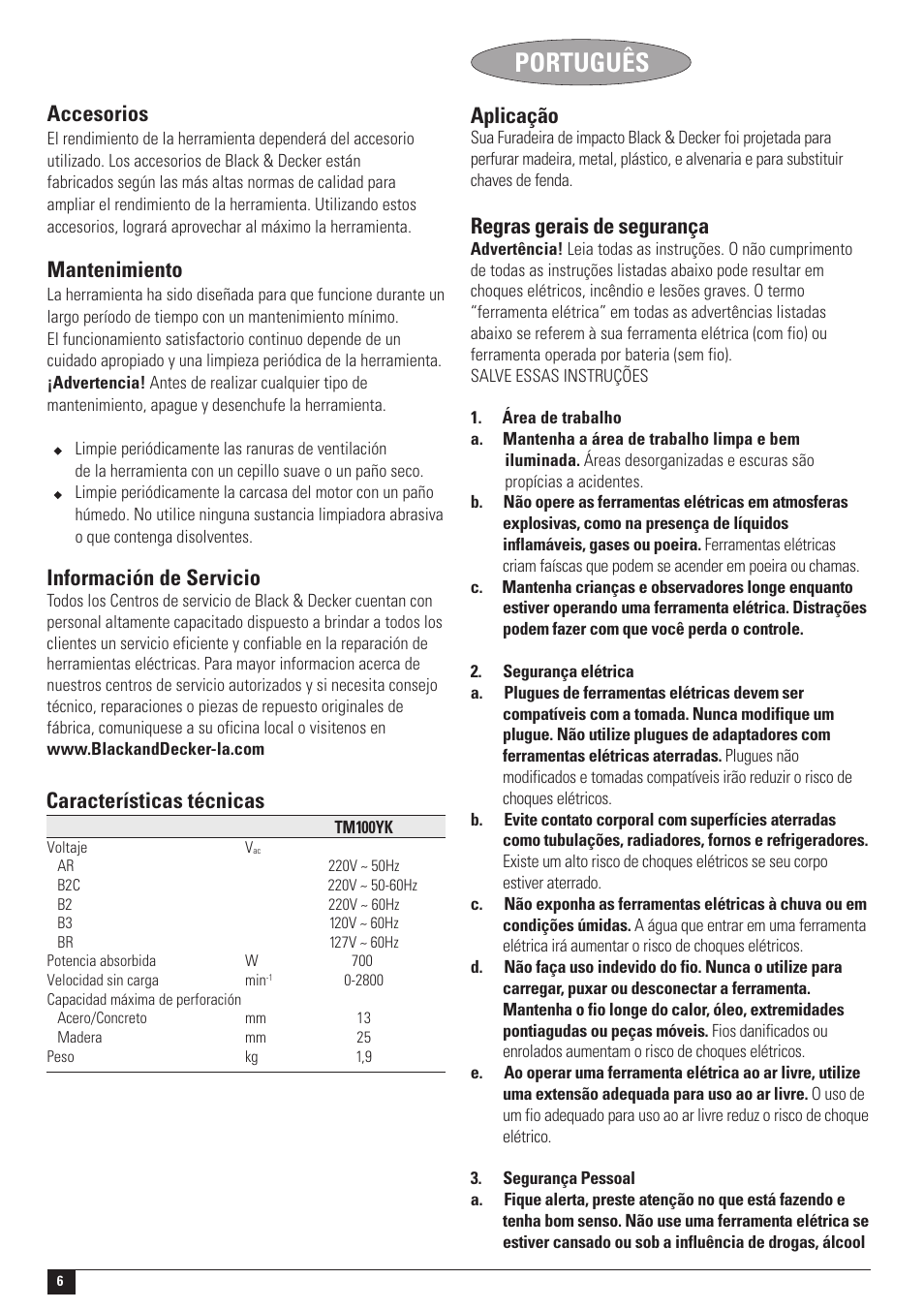 Português, Mantenimiento, Información de servicio | Accesorios, Características técnicas, Aplicação, Regras gerais de segurança | Black & Decker KR55CRE User Manual | Page 6 / 12