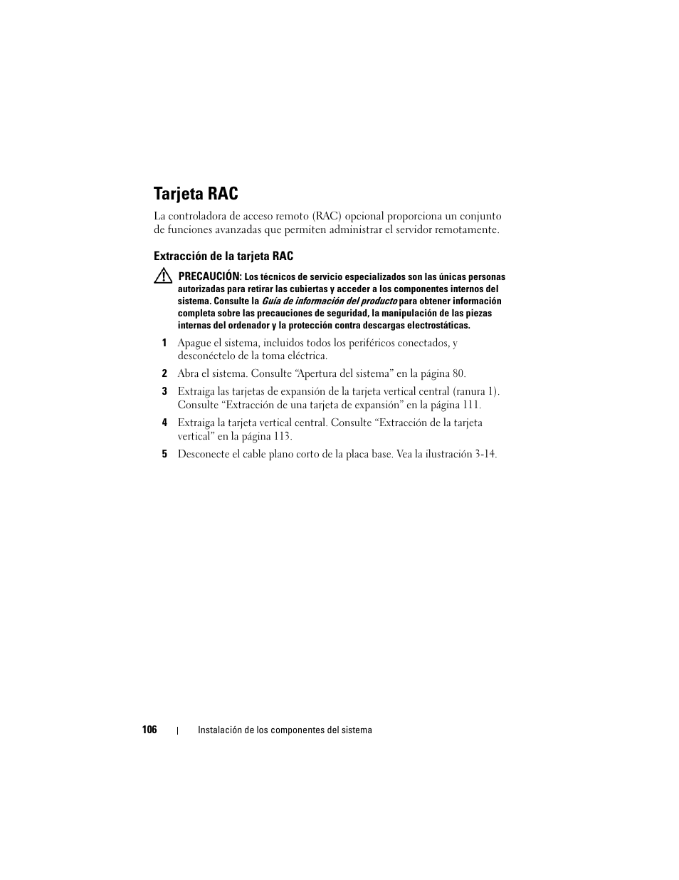 Tarjeta rac, Extracción de la tarjeta rac | Dell POWEREDGE 300 User Manual | Page 106 / 210