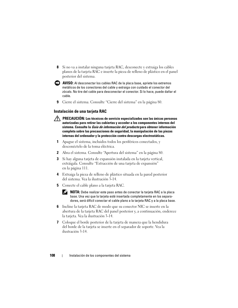 Instalación de una tarjeta rac | Dell POWEREDGE 300 User Manual | Page 108 / 210