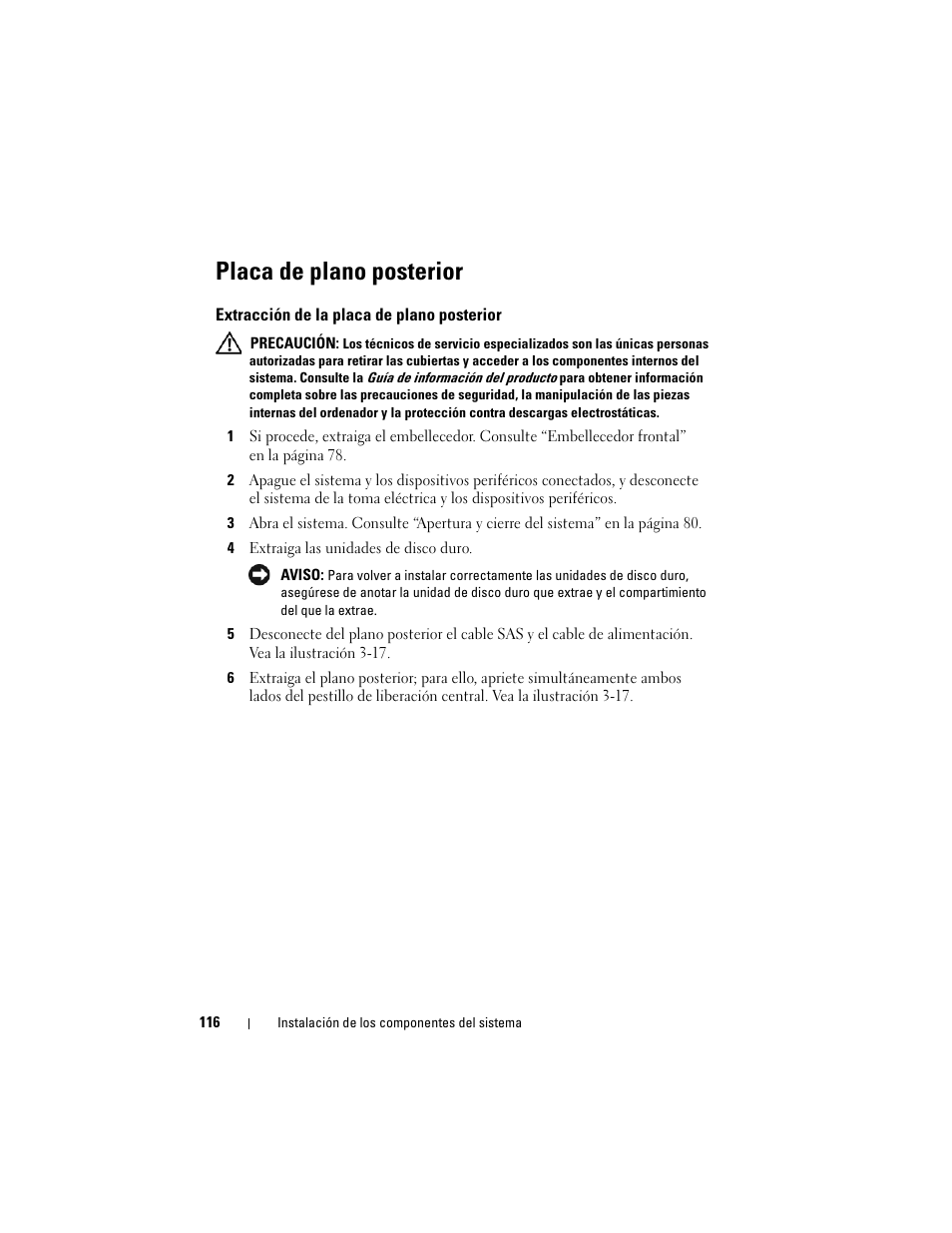 Placa de plano posterior, Extracción de la placa de plano posterior | Dell POWEREDGE 300 User Manual | Page 116 / 210