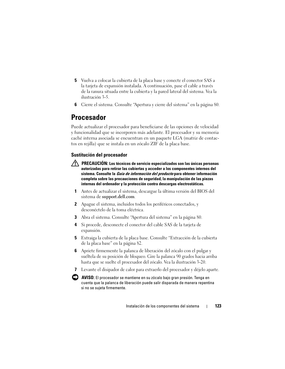 Procesador, Sustitución del procesador | Dell POWEREDGE 300 User Manual | Page 123 / 210