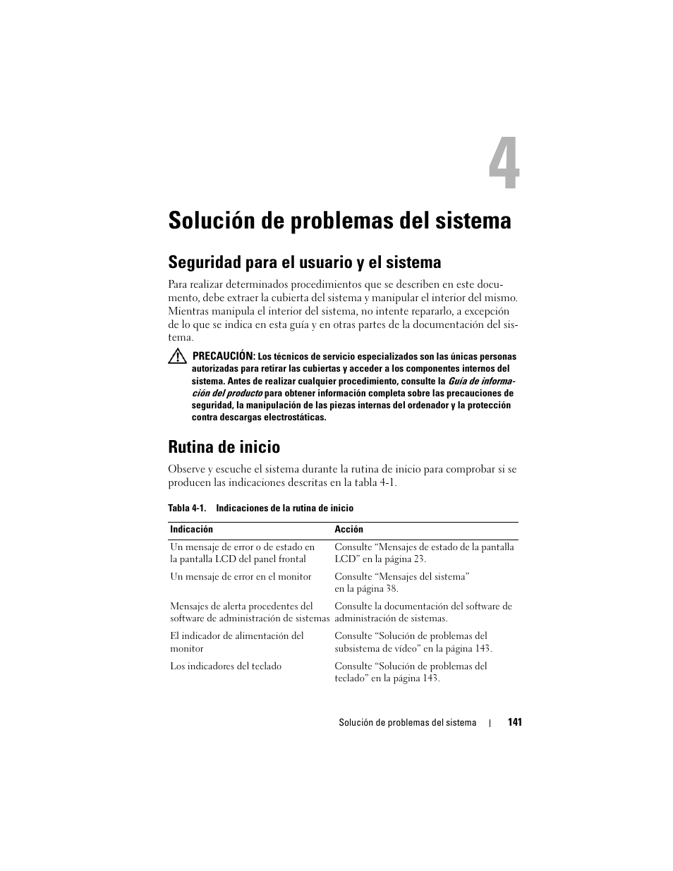 Solución de problemas del sistema, Seguridad para el usuario y el sistema, Rutina de inicio | Dell POWEREDGE 300 User Manual | Page 141 / 210