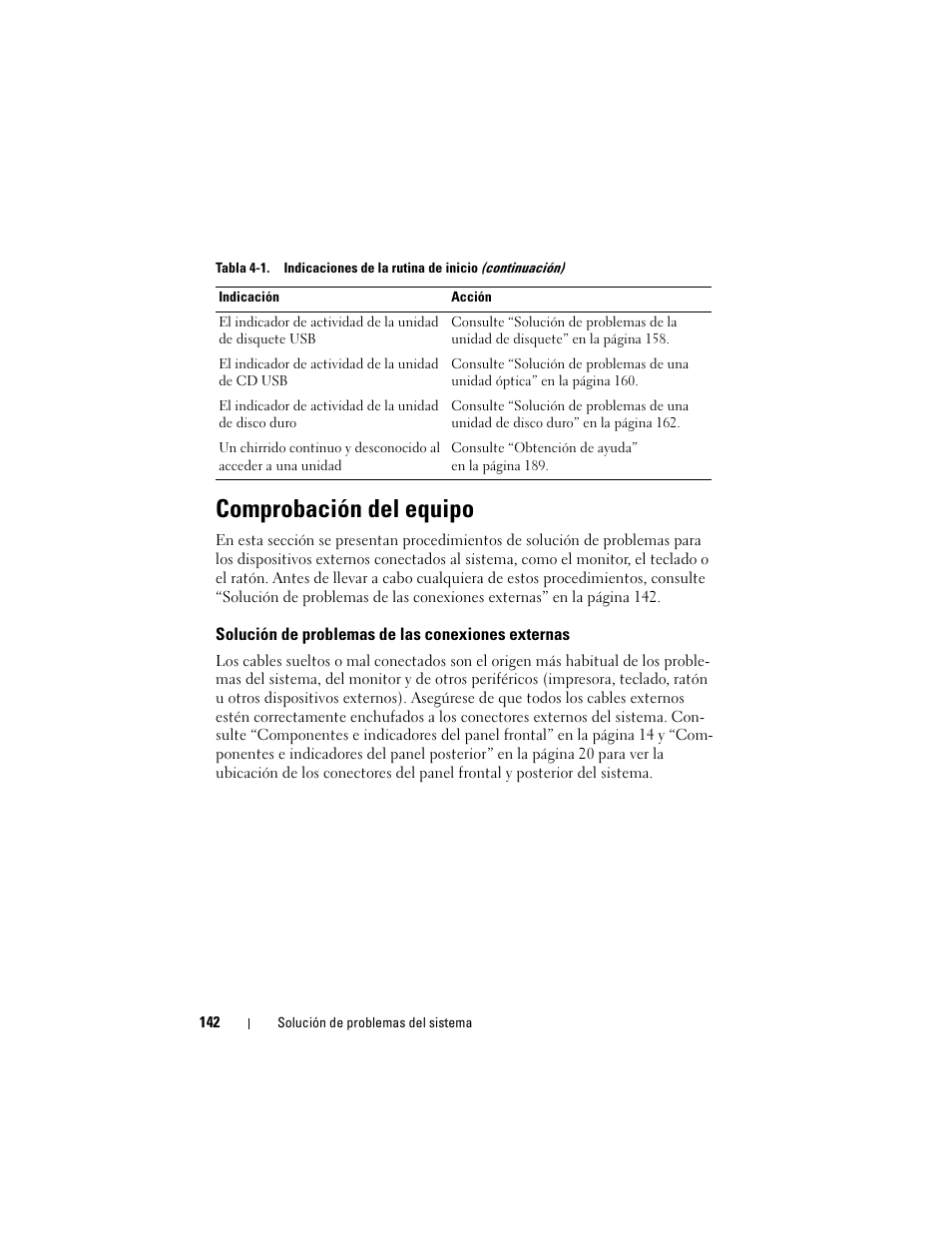 Comprobación del equipo, Solución de problemas de las conexiones externas | Dell POWEREDGE 300 User Manual | Page 142 / 210