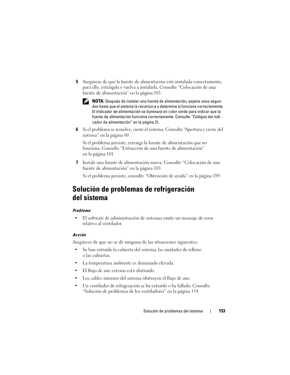 Solución de problemas de refrigeración del sistema | Dell POWEREDGE 300 User Manual | Page 153 / 210