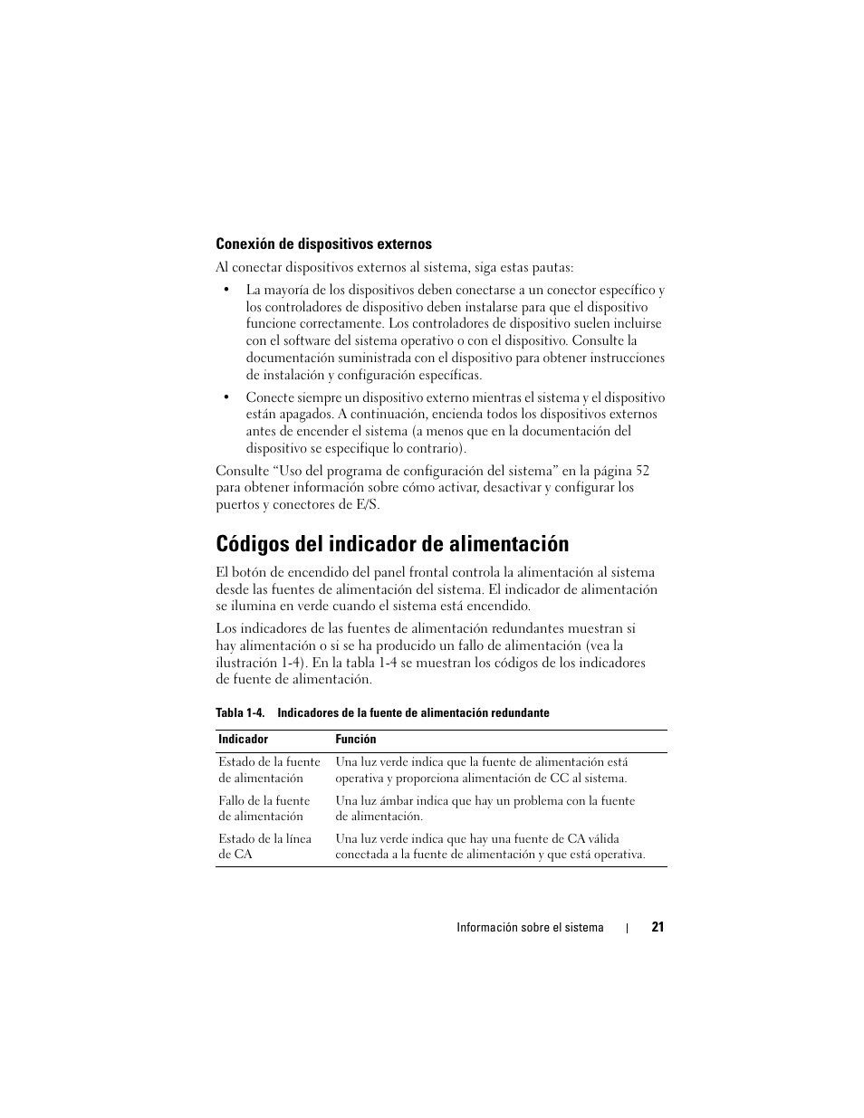 Conexión de dispositivos externos, Códigos del indicador de alimentación | Dell POWEREDGE 300 User Manual | Page 21 / 210