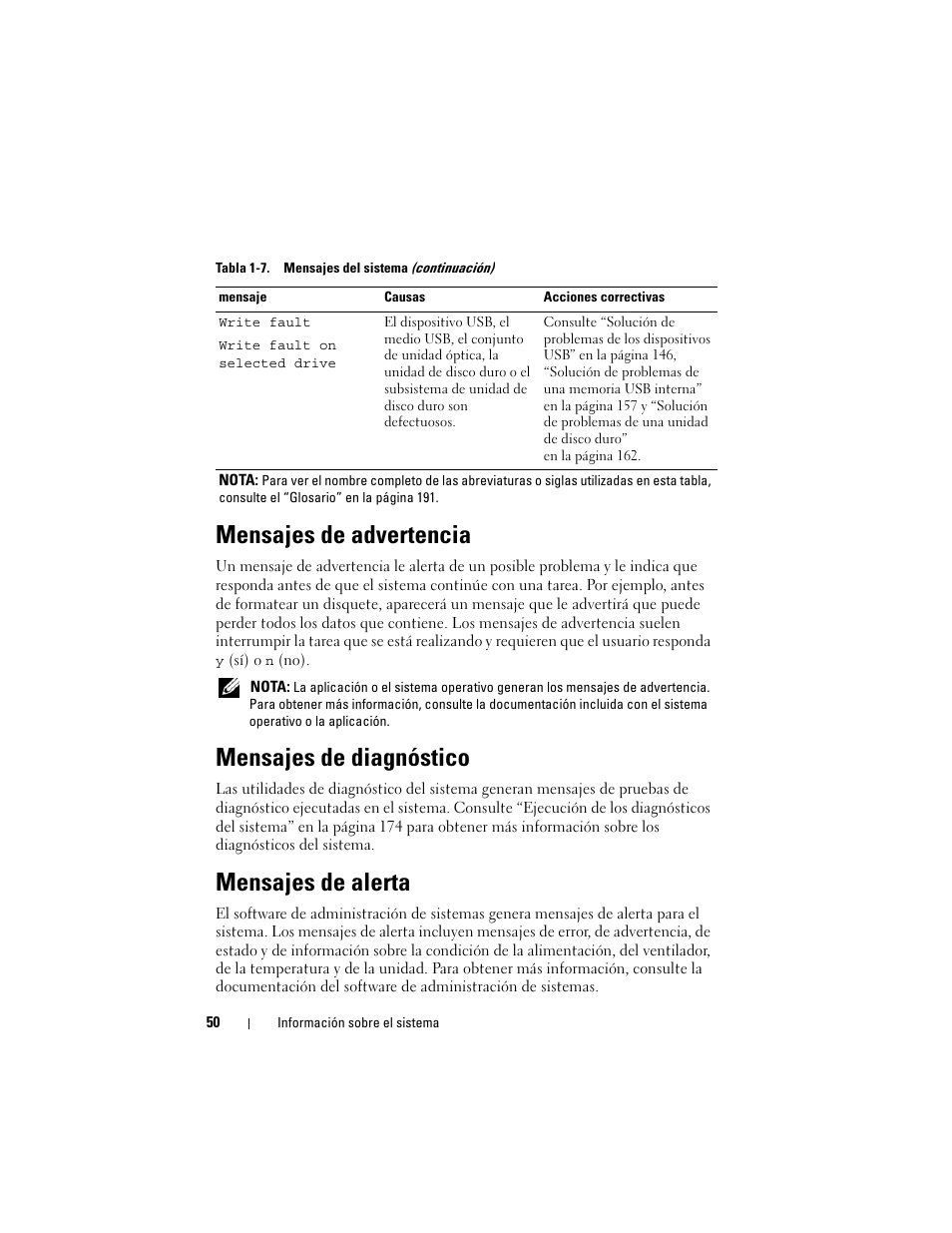 Mensajes de advertencia, Mensajes de diagnóstico, Mensajes de alerta | Dell POWEREDGE 300 User Manual | Page 50 / 210