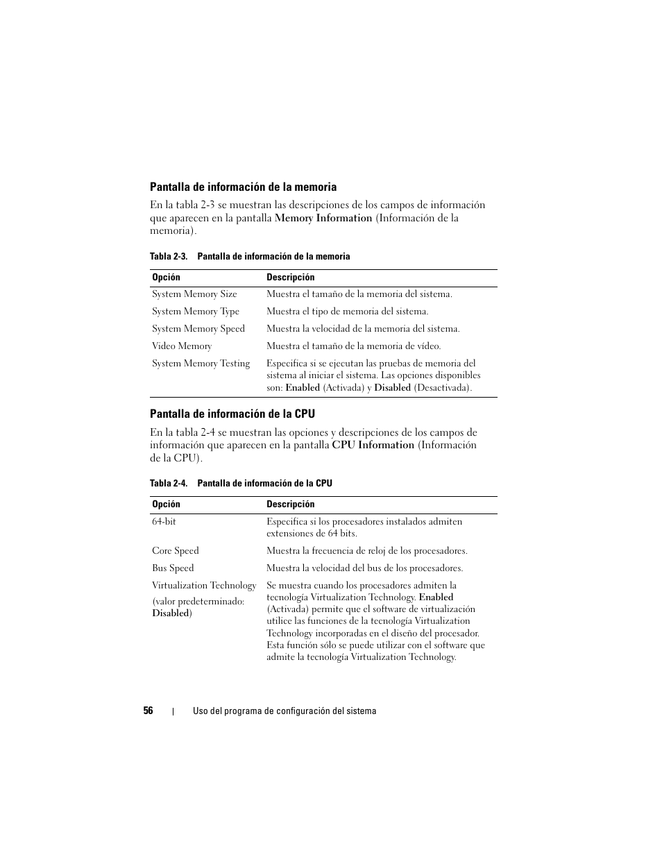 Pantalla de información de la memoria, Pantalla de información de la cpu | Dell POWEREDGE 300 User Manual | Page 56 / 210