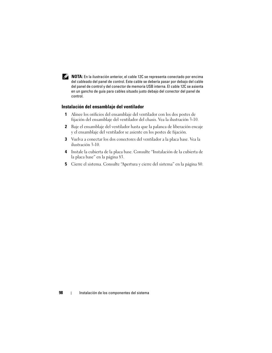Instalación del ensamblaje del ventilador | Dell POWEREDGE 300 User Manual | Page 98 / 210