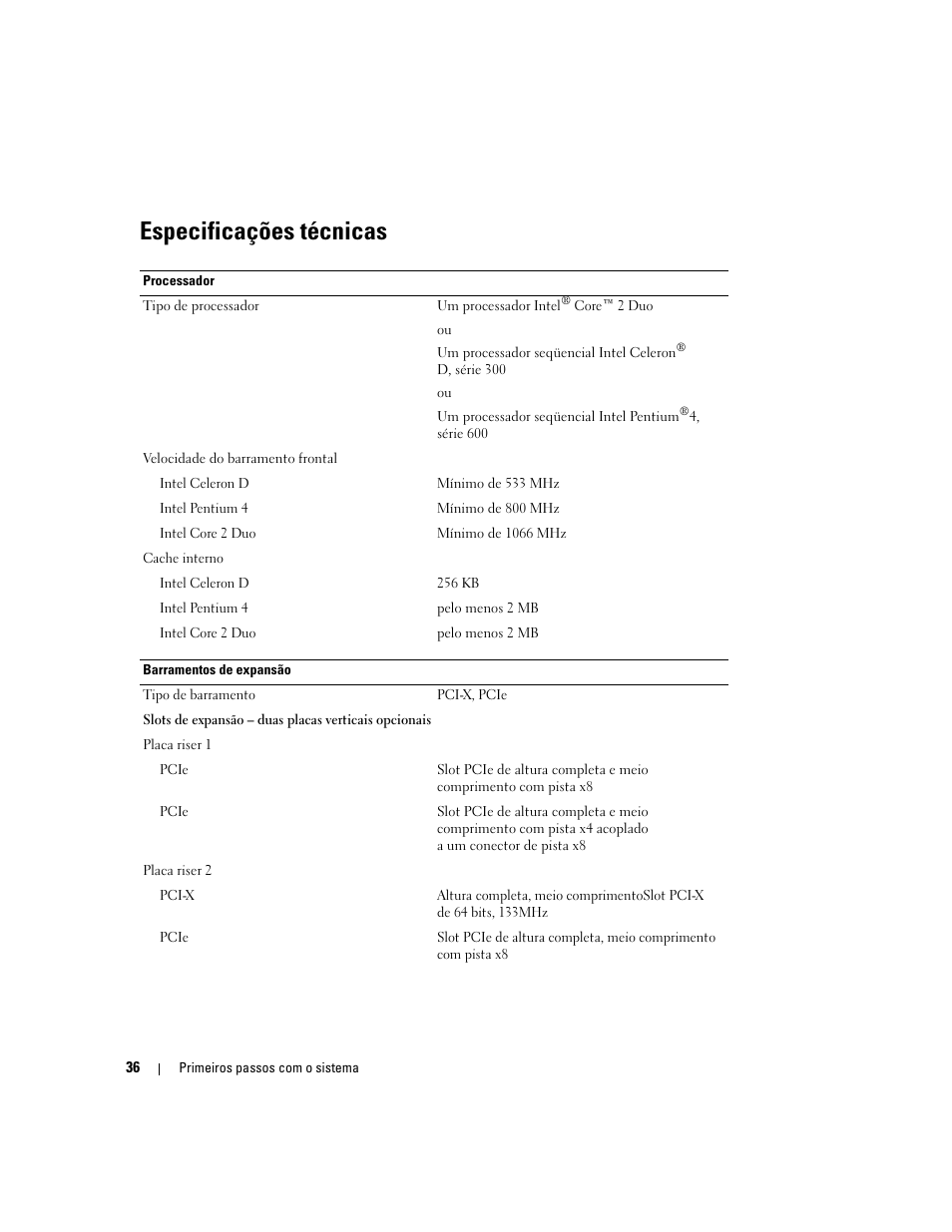 Especificações técnicas | Dell PowerEdge 860 User Manual | Page 38 / 56