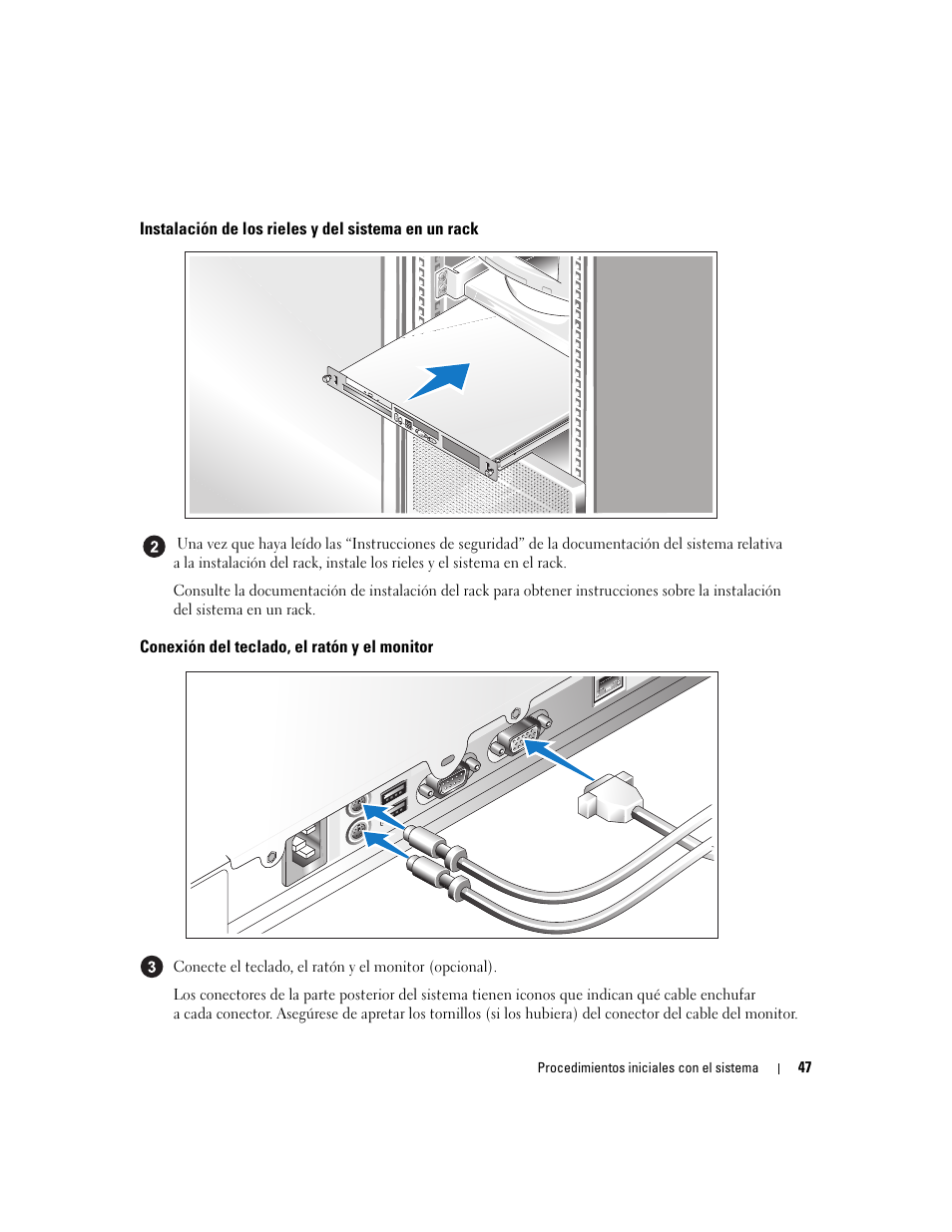 Instalación de los rieles y del sistema en un rack, Conexión del teclado, el ratón y el monitor | Dell PowerEdge 860 User Manual | Page 49 / 56
