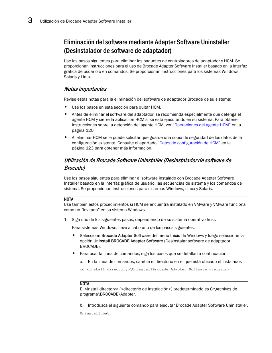 Eliminación del software mediante adapter software, Eliminación del, En la | Notas importantes | Dell Brocade Adapters User Manual | Page 120 / 294