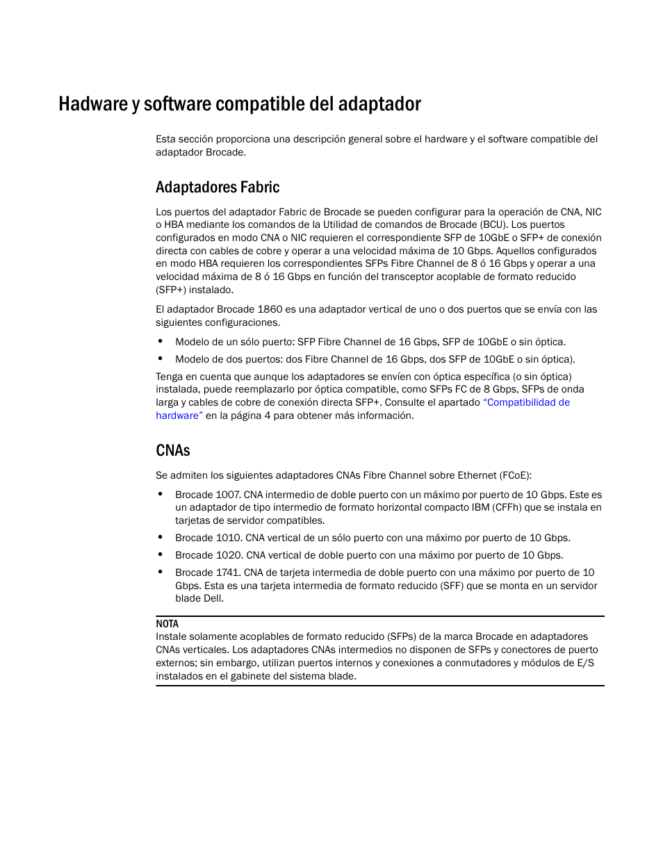 Hadware y software compatible del adaptador, Adaptadores fabric, Cnas | Dell Brocade Adapters User Manual | Page 14 / 294