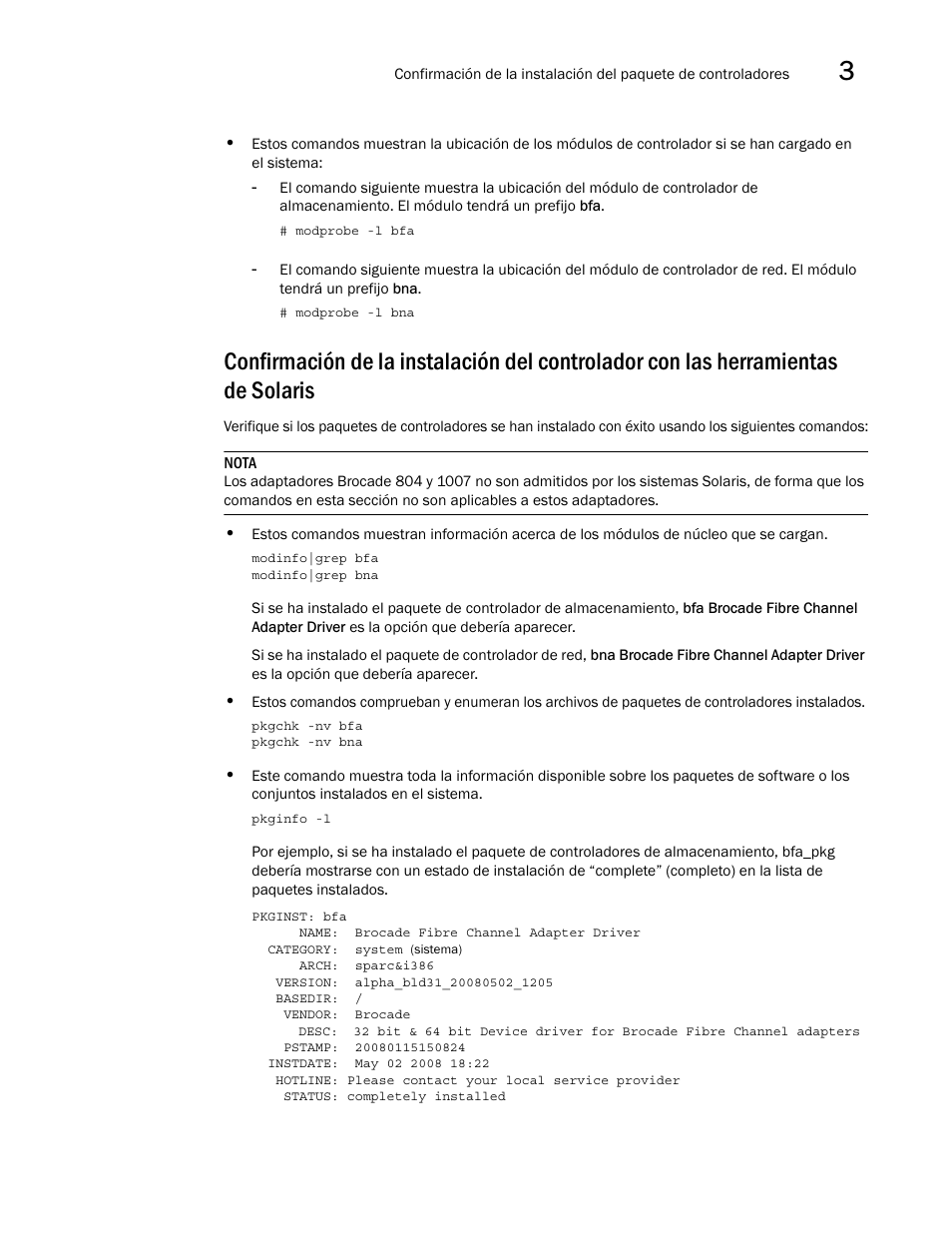 Confirmación de la instalación del controlador con, Las herramientas de solaris | Dell Brocade Adapters User Manual | Page 145 / 294