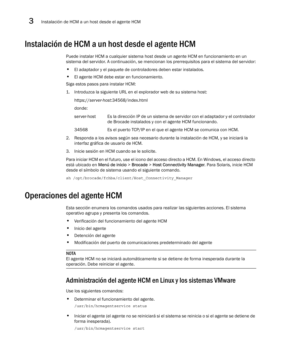 Instalación de hcm a un host desde el agente hcm, Operaciones del agente hcm, Administración del agente hcm en linux y los | Sistemas vmware, En la, Instrucciones en, Os en, Hcm siguiendo los pasos mencionados en, Operaciones, Del agente hcm | Dell Brocade Adapters User Manual | Page 152 / 294