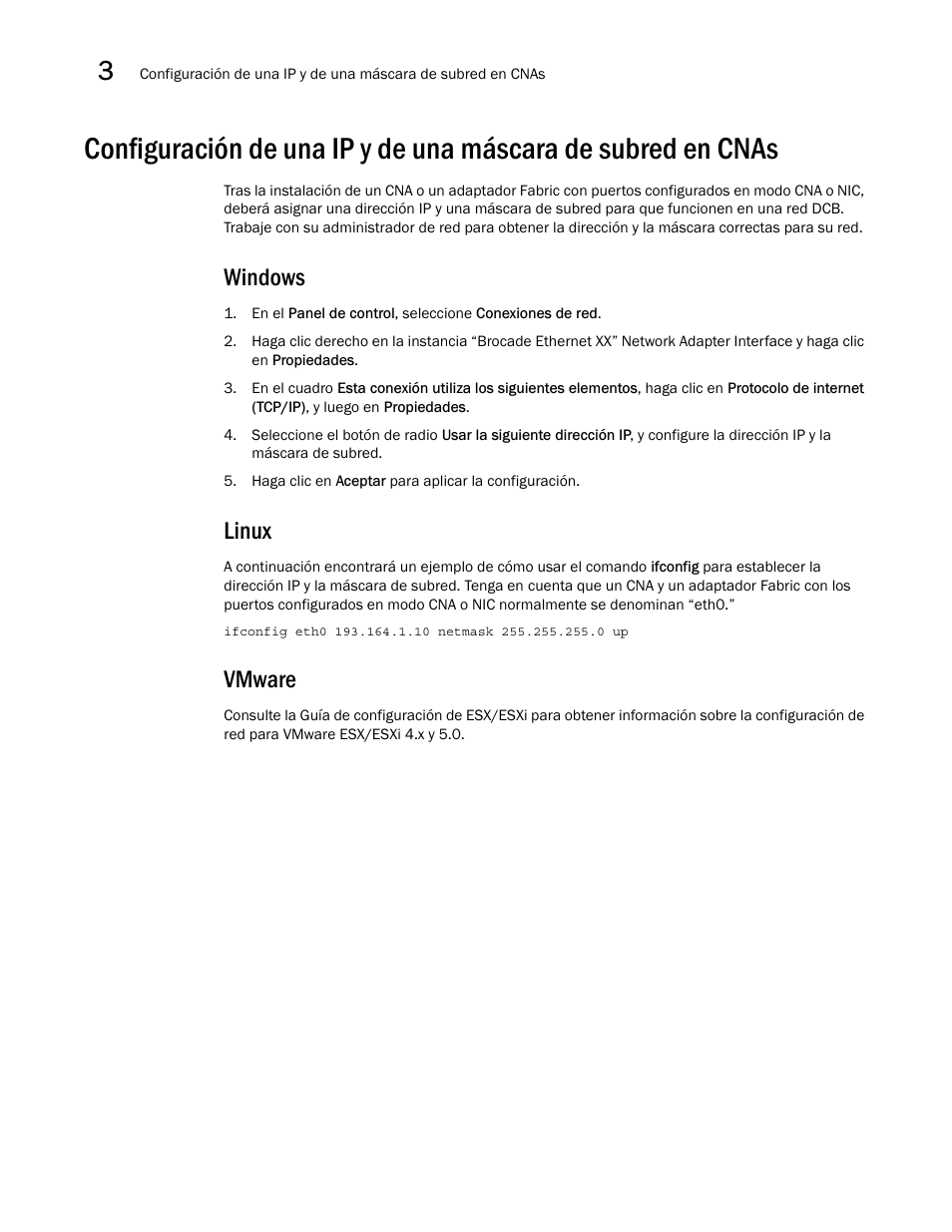 Windows, Linux, Vmware | Configuración de una ip y de una máscara de, Subred en cna | Dell Brocade Adapters User Manual | Page 156 / 294