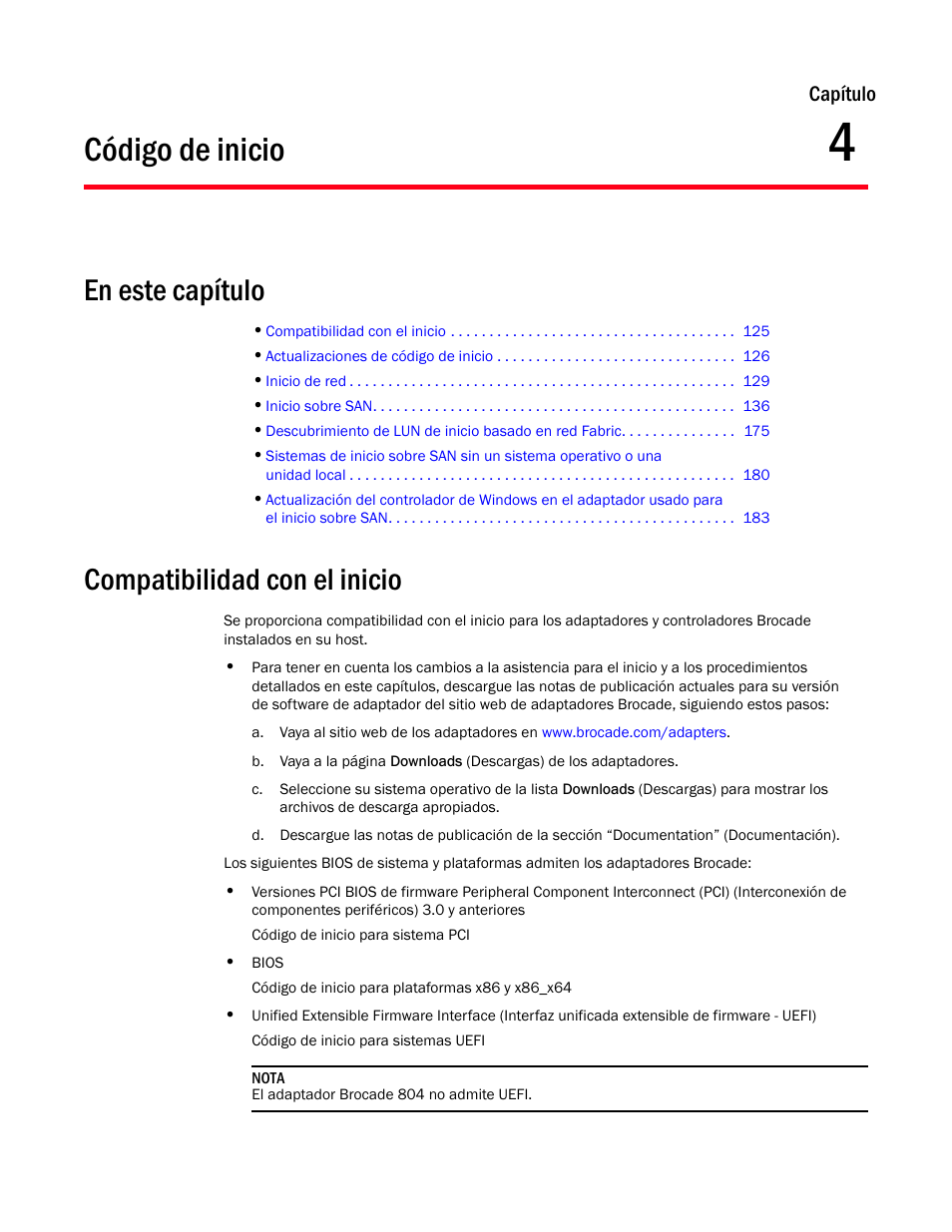 Código de inicio, En este capítulo, Compatibilidad con el inicio | Capítulo 4, Capítulo 4, “código de inicio, Capítulo | Dell Brocade Adapters User Manual | Page 157 / 294