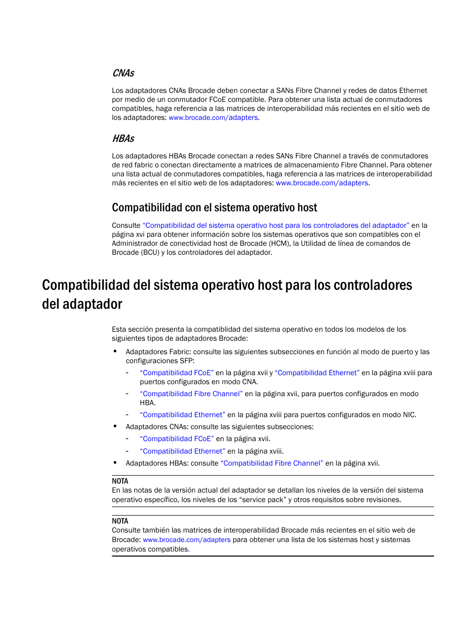 Compatibilidad con el sistema operativo host, Compatibilidad del sistema operativo host para, Cnas | Hbas | Dell Brocade Adapters User Manual | Page 16 / 294