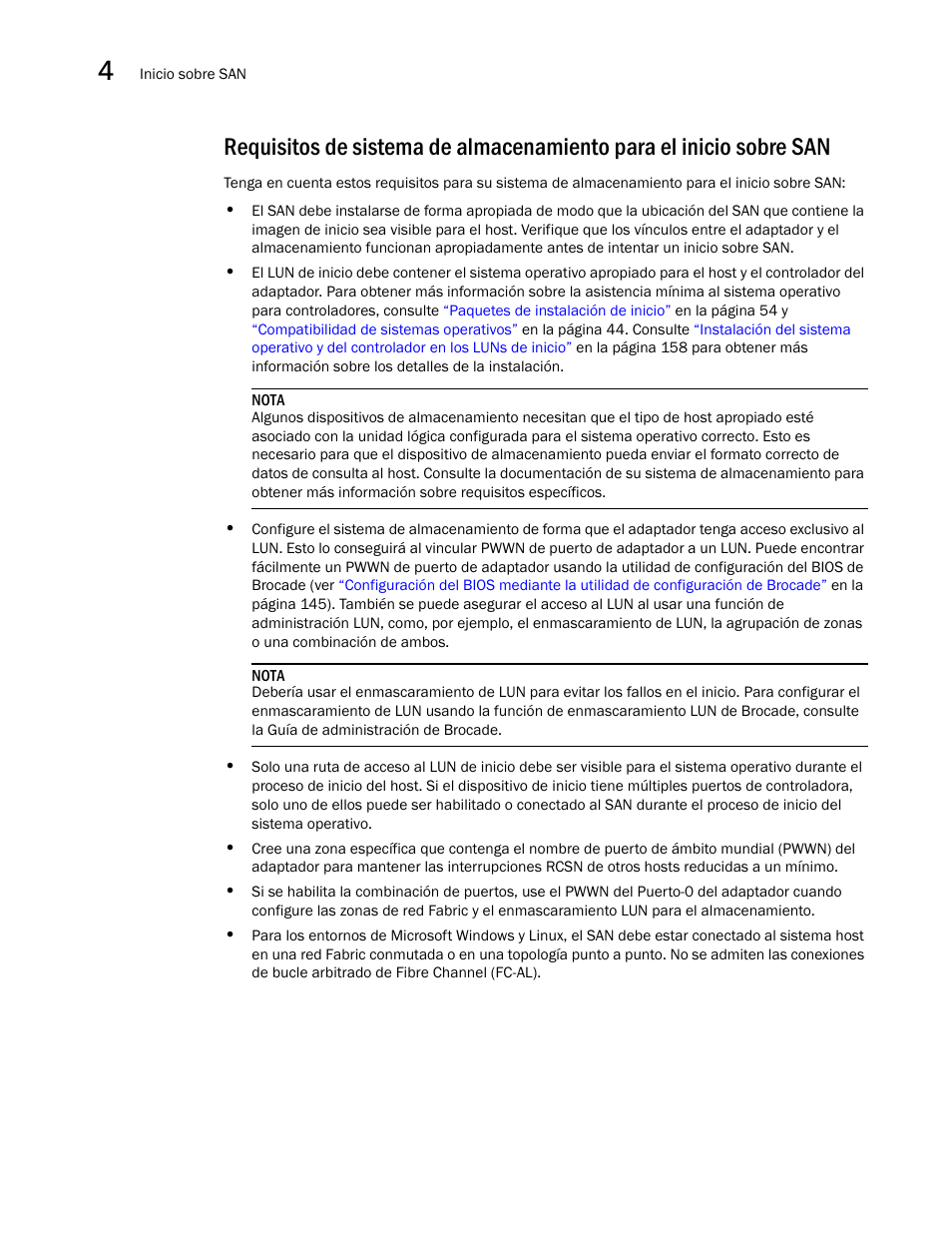 Requisitos de sistema de almacenamiento para, El inicio sobre san | Dell Brocade Adapters User Manual | Page 172 / 294