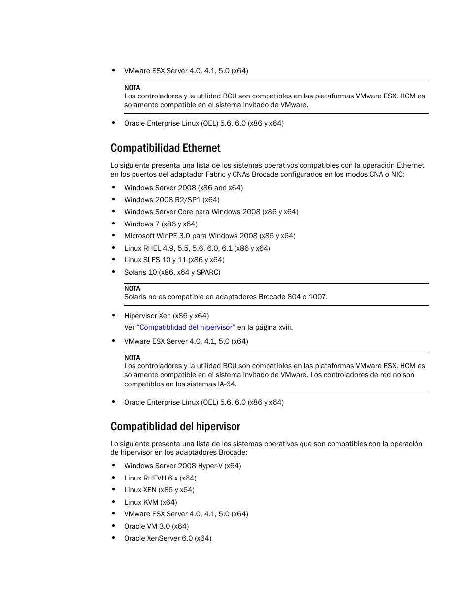 Compatibilidad ethernet, Compatiblidad del hipervisor | Dell Brocade Adapters User Manual | Page 18 / 294