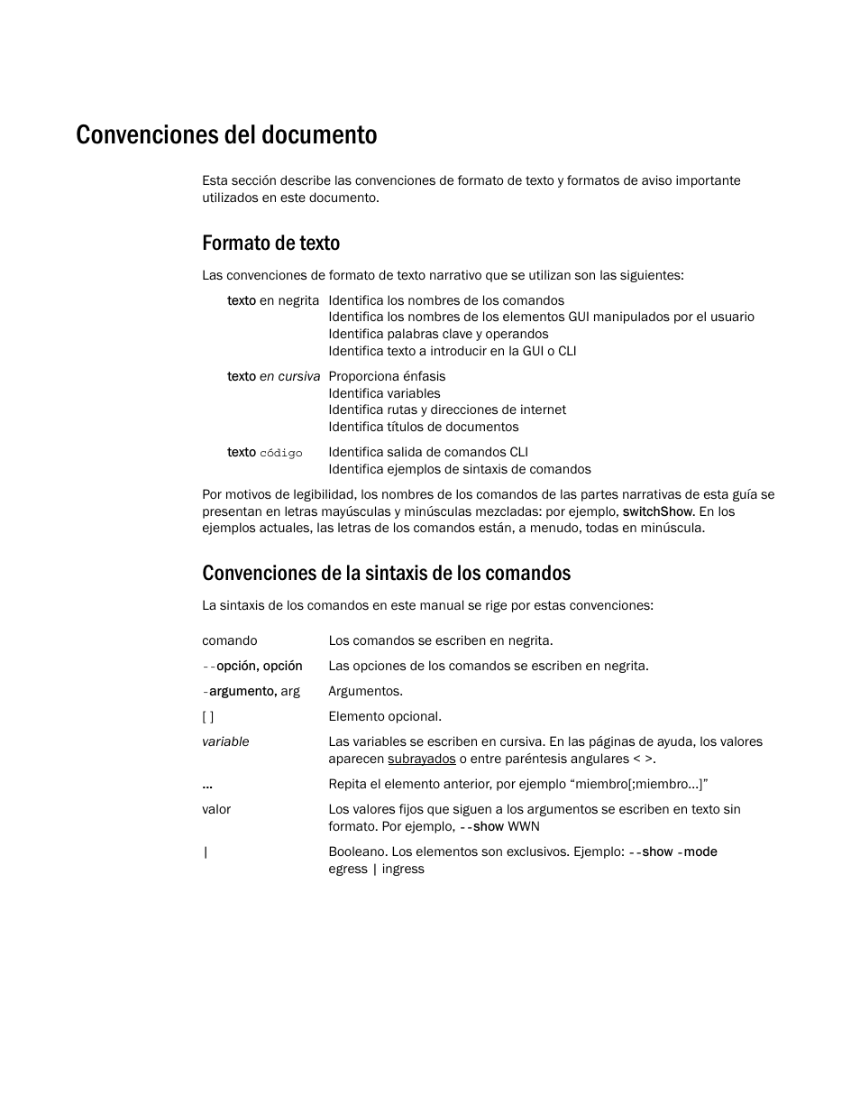 Convenciones del documento, Formato de texto, Convenciones de la sintaxis de los comandos | Dell Brocade Adapters User Manual | Page 20 / 294