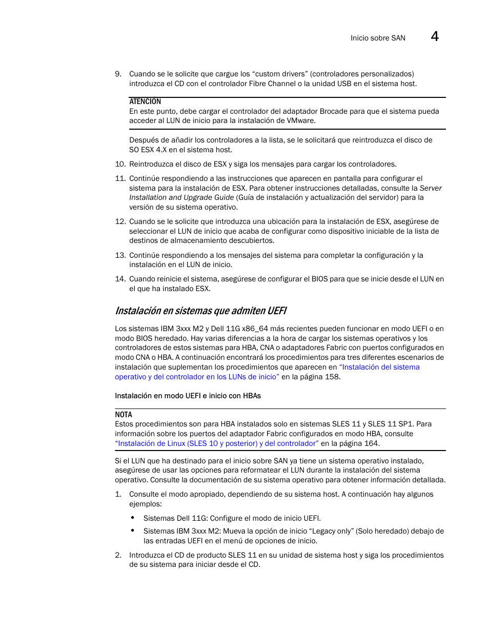 Instalación en sistemas que admiten uefi, Instalación en, Modo uefi e inicio con hbas | Dell Brocade Adapters User Manual | Page 203 / 294