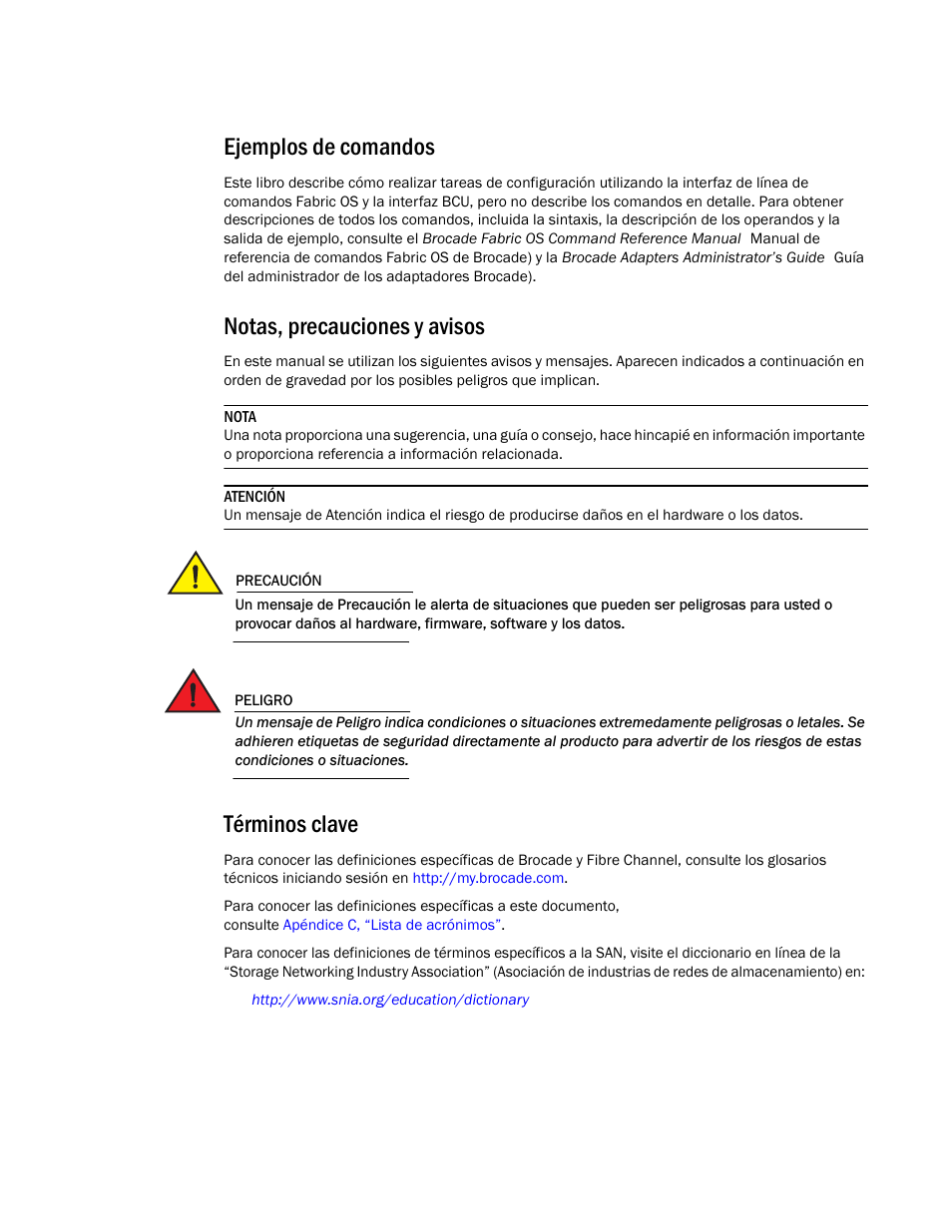 Ejemplos de comandos, Notas, precauciones y avisos, Términos clave | Dell Brocade Adapters User Manual | Page 21 / 294
