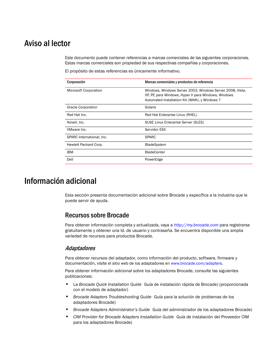 Aviso al lector, Información adicional, Recursos sobre brocade | Adaptadores | Dell Brocade Adapters User Manual | Page 22 / 294