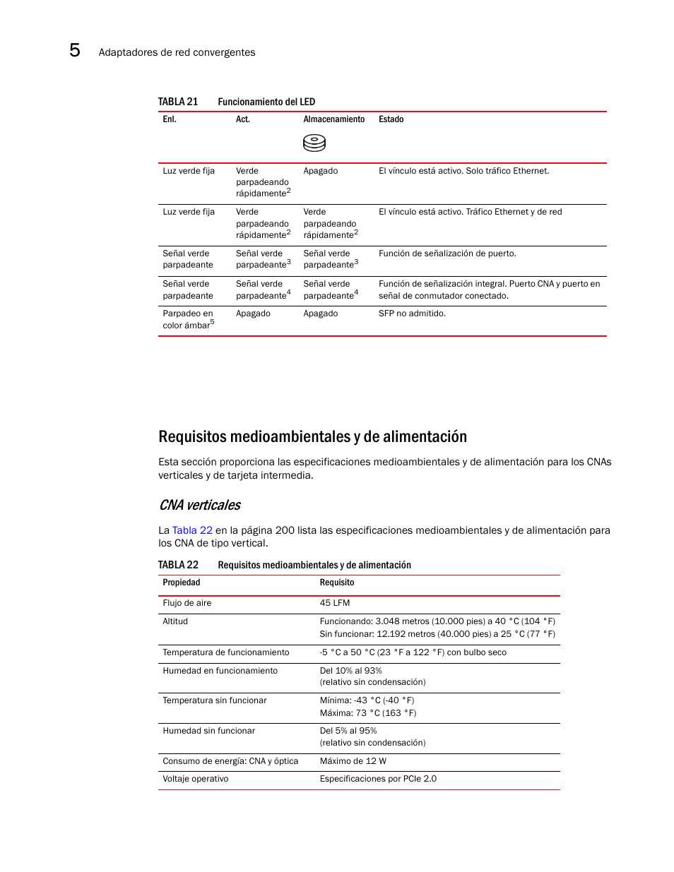 Requisitos medioambientales y de alimentación, Tabla 22, Cna verticales | Dell Brocade Adapters User Manual | Page 232 / 294