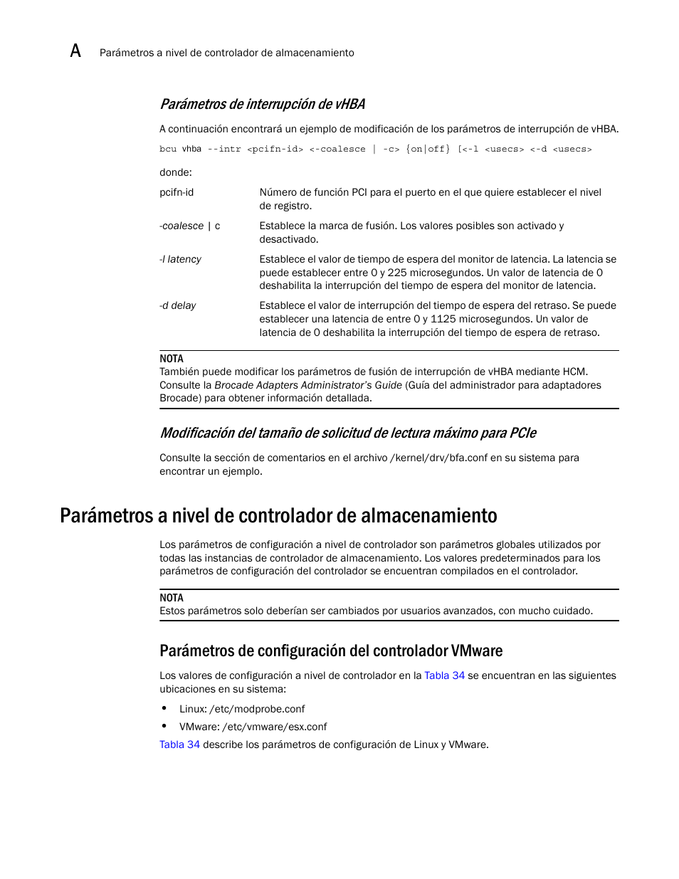 Parámetros de configuración del controlador vmware, Parámetros de interrupción de vhba | Dell Brocade Adapters User Manual | Page 252 / 294