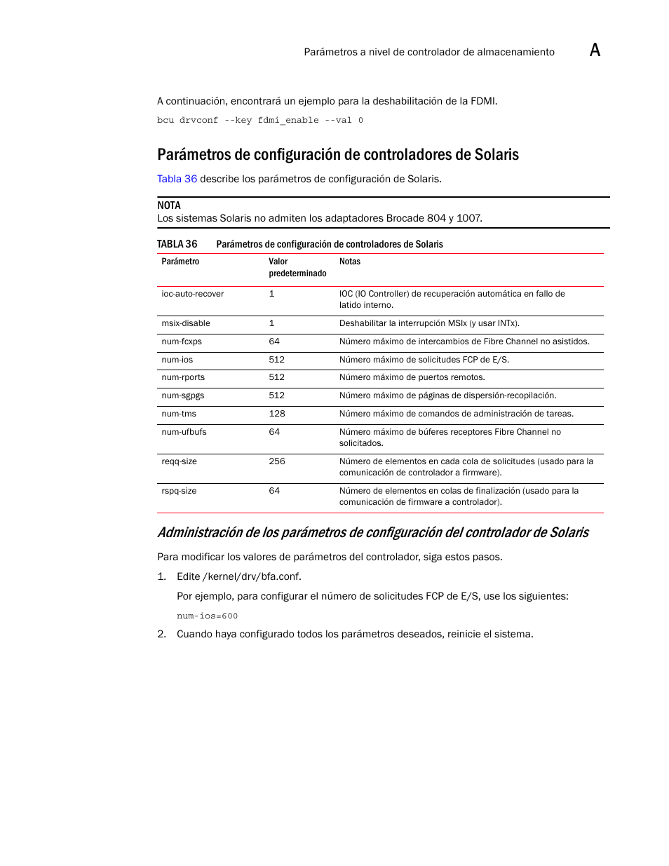 Parámetros de configuración de controladores, De solaris | Dell Brocade Adapters User Manual | Page 257 / 294