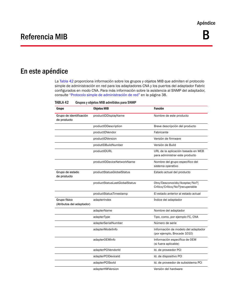 Referencia mib, En este apéndice, Apéndice b | Apéndice b, “referencia mib, Apéndice | Dell Brocade Adapters User Manual | Page 275 / 294