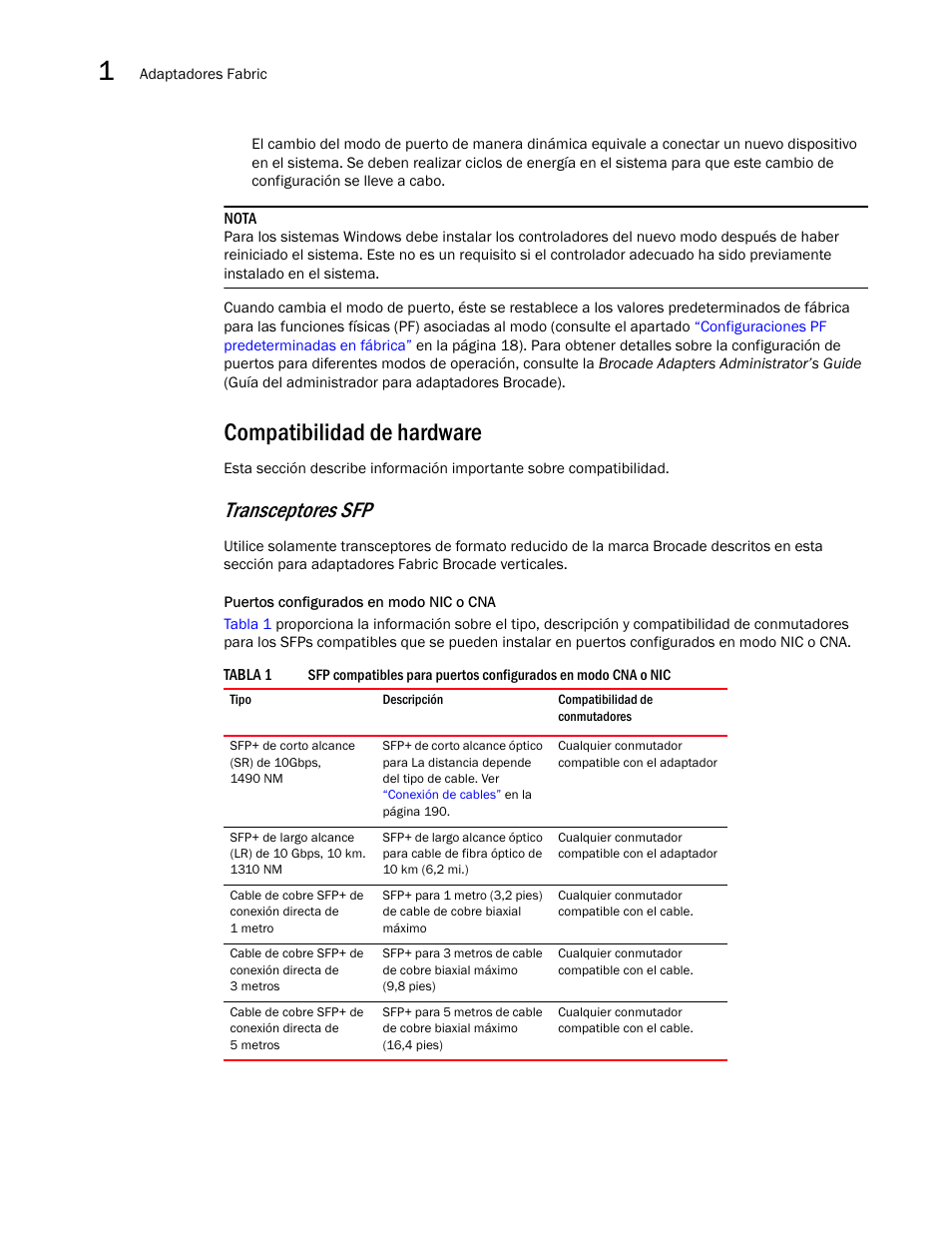 Compatibilidad de hardware, Transceptores sfp | Dell Brocade Adapters User Manual | Page 34 / 294