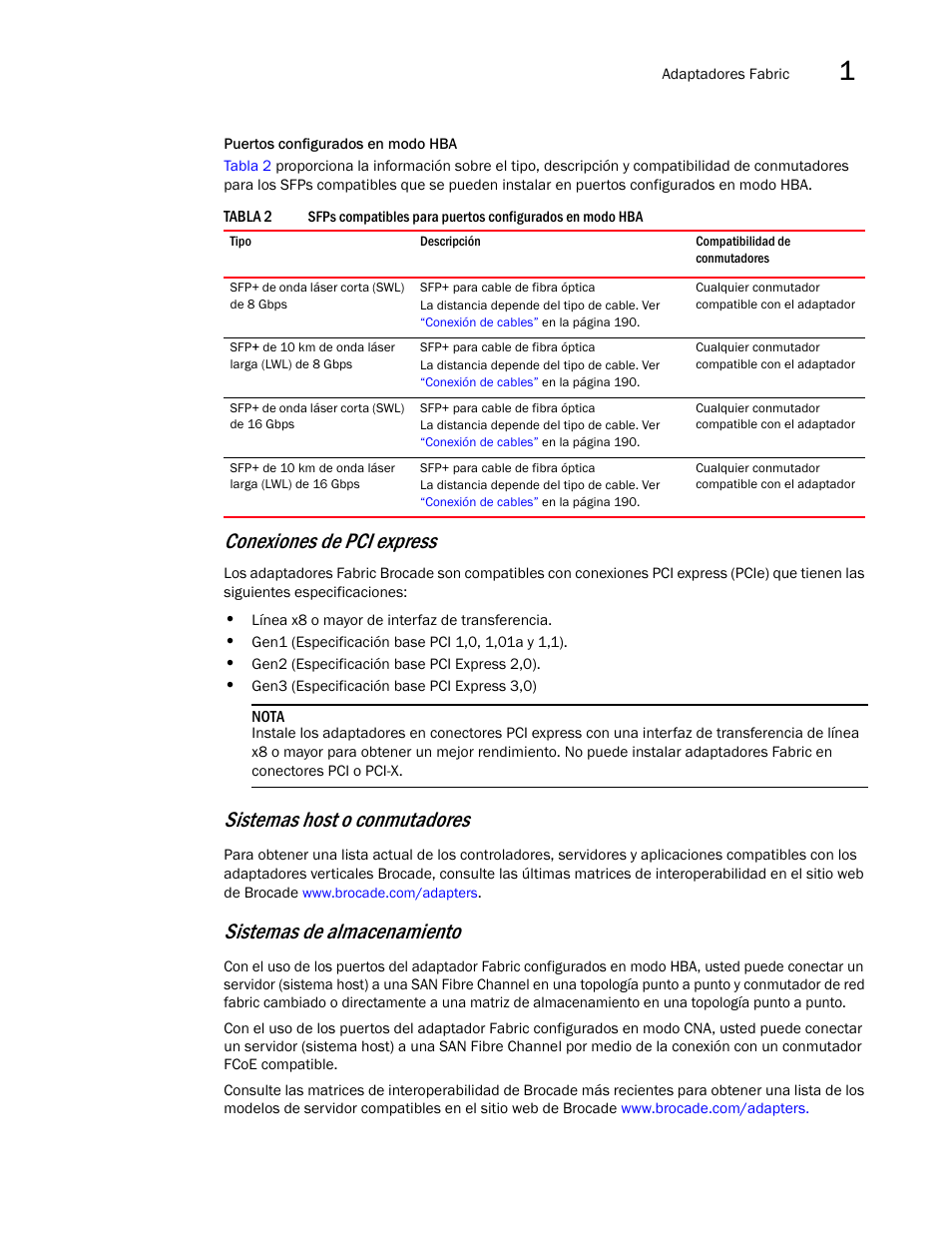 Conexiones de pci express, Sistemas host o conmutadores, Sistemas de almacenamiento | Dell Brocade Adapters User Manual | Page 35 / 294