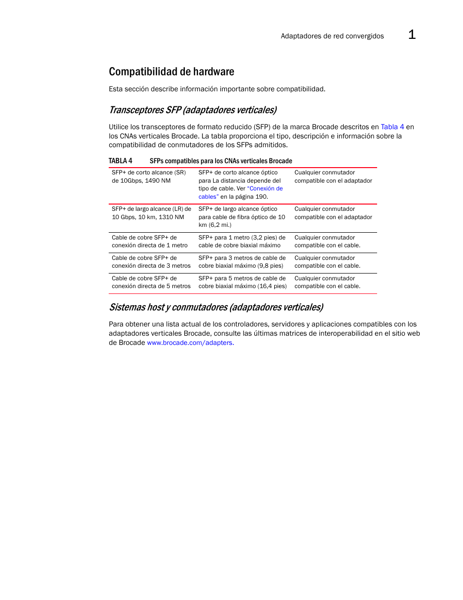 Compatibilidad de hardware, Transceptores sfp (adaptadores verticales) | Dell Brocade Adapters User Manual | Page 41 / 294