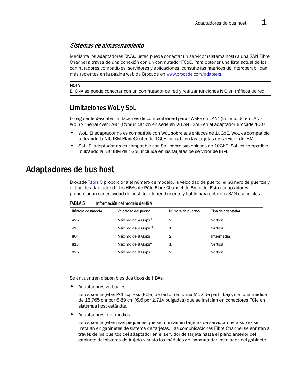 Limitaciones wol y sol, Adaptadores de bus host, Sistemas de almacenamiento | Dell Brocade Adapters User Manual | Page 43 / 294
