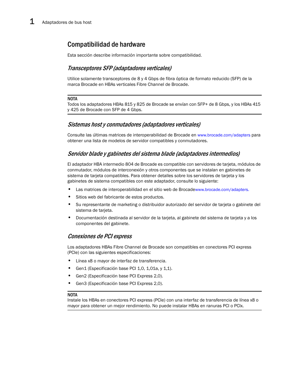 Compatibilidad de hardware, Transceptores sfp (adaptadores verticales), Conexiones de pci express | Dell Brocade Adapters User Manual | Page 46 / 294