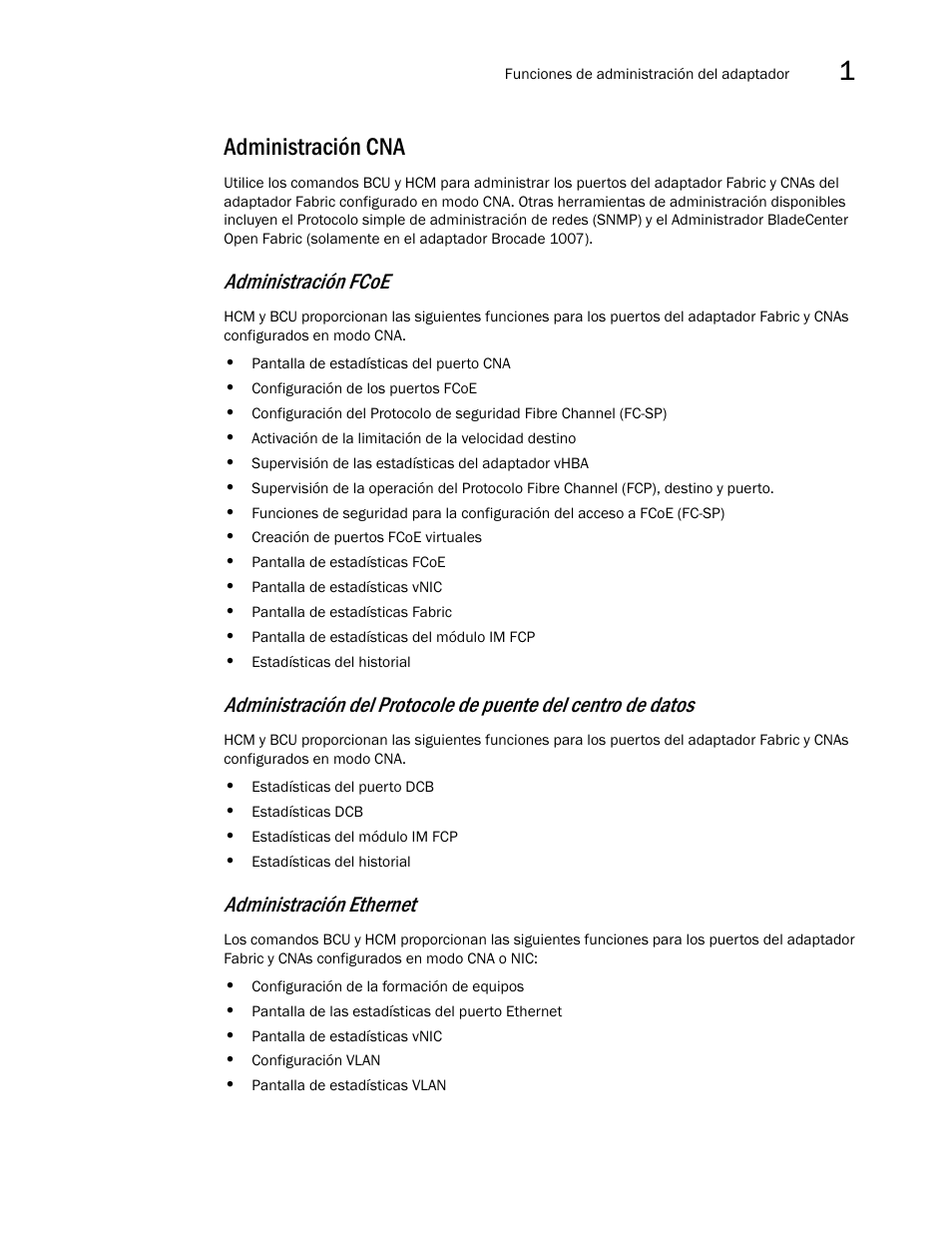 Administración cna, Administración fcoe, Administración ethernet | Dell Brocade Adapters User Manual | Page 67 / 294