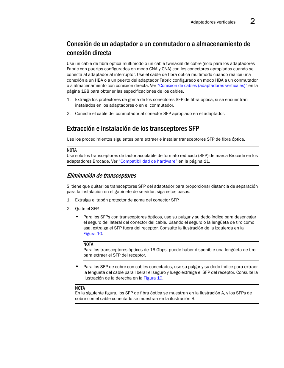 Extracción e instalación de los transceptores sfp, Conexión de un adaptador a un conmutador o, Extracción e instalación de los | Transceptores sfp, Eliminación de transceptores | Dell Brocade Adapters User Manual | Page 95 / 294