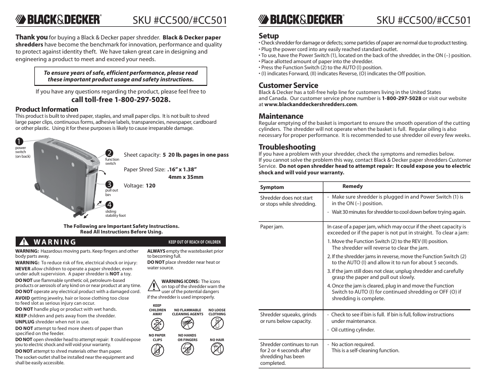 Please read these instructions before use, Setup, Customer service | Maintenance, Troubleshooting, Lifetime, Limited lifetime warranty, Product information | Black & Decker Paper Shredder CC500 User Manual | Page 2 / 2