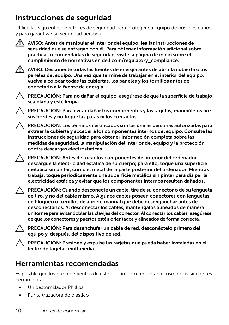 Instrucciones de seguridad, Herramientas recomendadas | Dell Inspiron 14R (5421, Early 2013) User Manual | Page 10 / 73